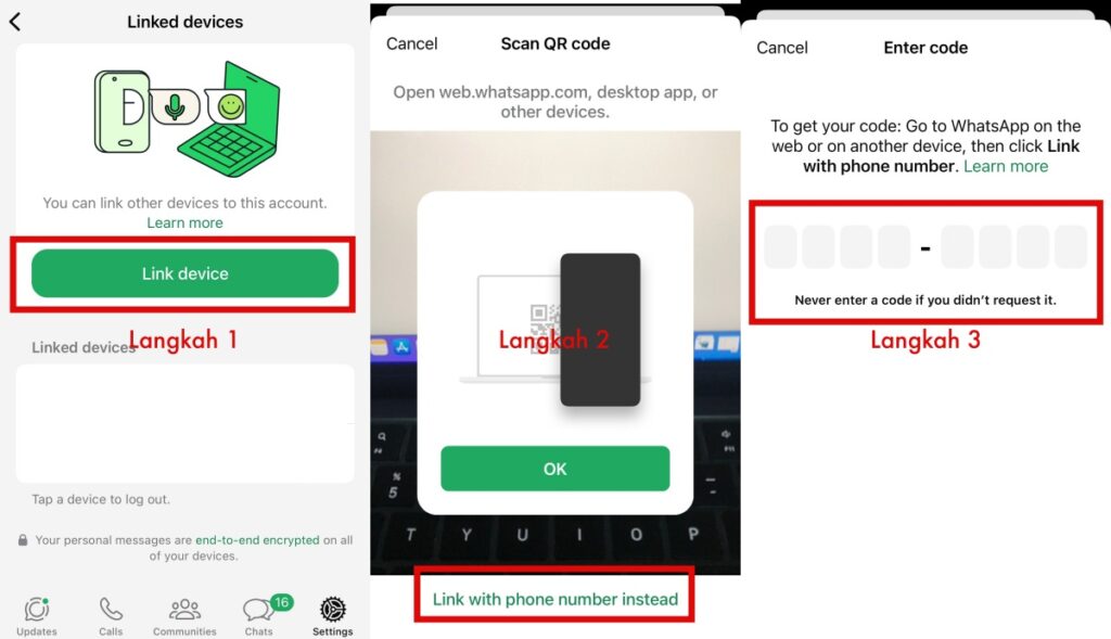 Langkah yang harus dilakukan di HP untuk Login WhatsApp Web Tanpa Kode QR 